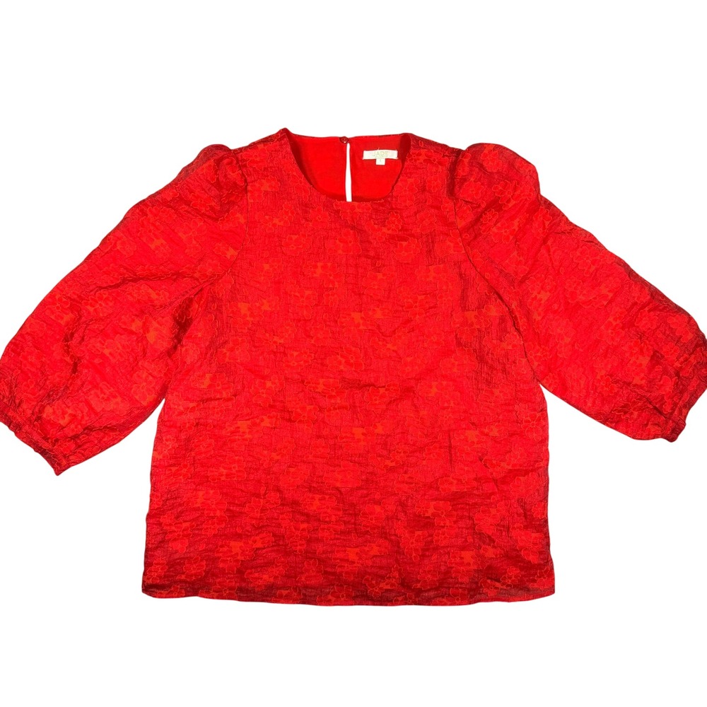 Jade Melody Tea Floral Puff Sleeve Blouse Large Women Red Textured Jacquard